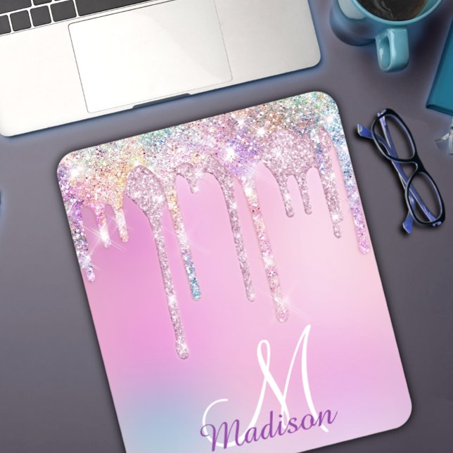 Niedlich Pink Unicorn Rainbow Glitzer Tropfen Mono Mousepad (Von Creator hochgeladen)