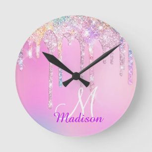 Niedlich Pink Unicorn Rainbow Glitzer Tropfen Mono Runde Wanduhr