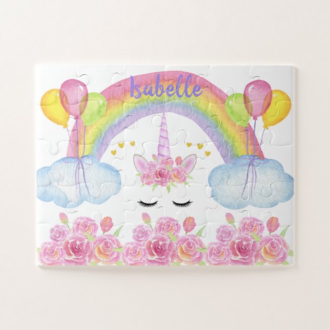 Niedlich Pink Unicorn Regenbogen Glitzer Herz Puzzle (Horizontal)
