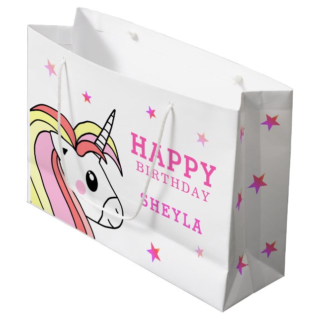 Niedlich Pink Unicorn Stars Girl Große Geschenktüte (Vorderseite Schrägansicht)