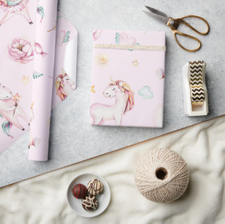 Niedlich Pink Unicorns Boho Floral Baby Dusche Geschenkpapier