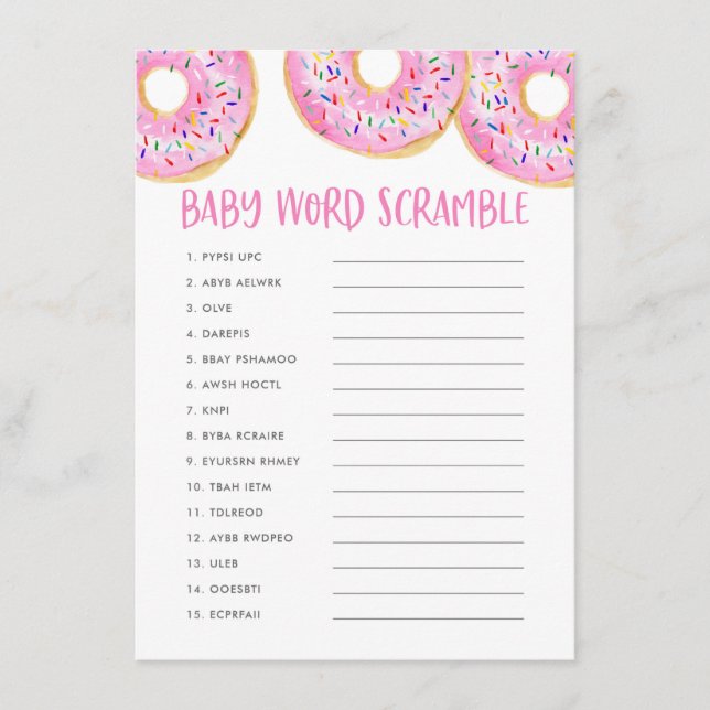 Niedlich Pink Watercolor Donuts Baby Word Scramble Begleitkarte (Vorderseite)