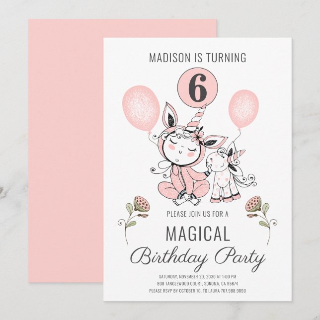 Niedlich Pink Watercolor Einhorn Girl's 6. Geburts Einladung (Vorne/Hinten)