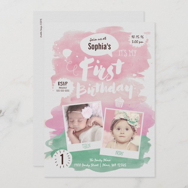 Niedlich Pink Watercolor ErstgeburtenpartyGirl Einladung (Vorne/Hinten)