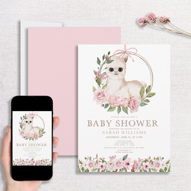 Niedlich Pink Watercolor Floral Llama Babydusche Einladung (Von Creator hochgeladen)