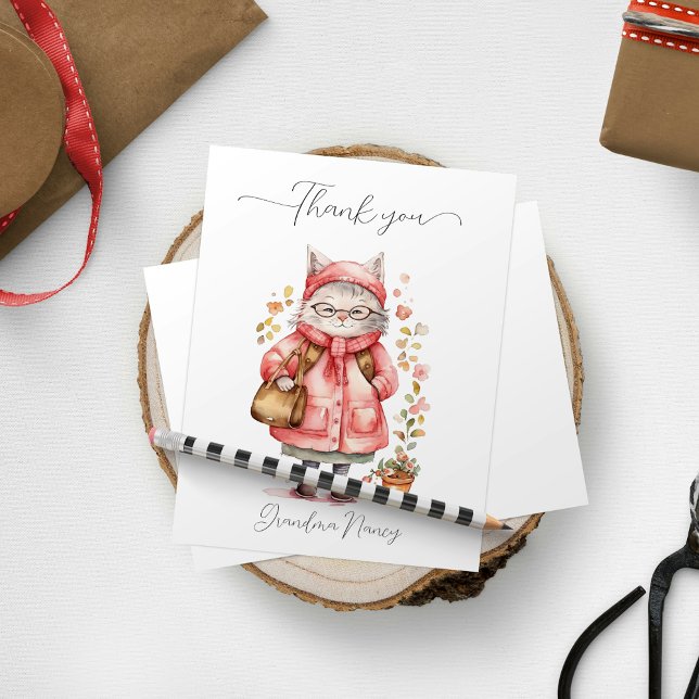 Niedlich Pink Watercolor Grandma Cat Floral Dankeskarte (Cute Pink Watercolor Grandma Cat Floral Thank You Card)