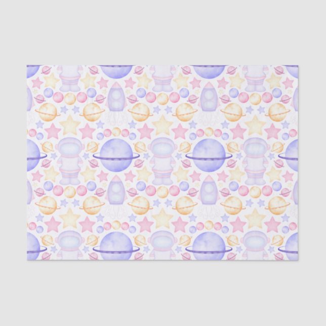 Niedlich Pink Watercolor Weltraum Astronauten Gebu Seidenpapier (Vorderseite)