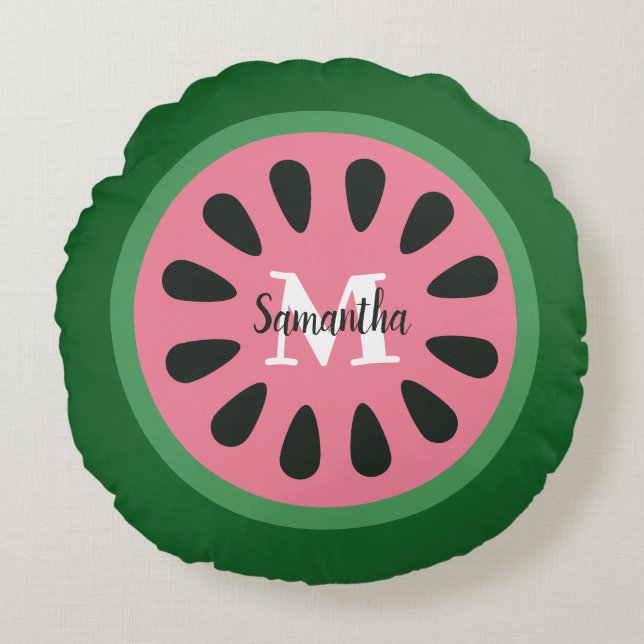 Niedlich Pink Watermelon Monogram Rundes Kissen (Vorderseite)