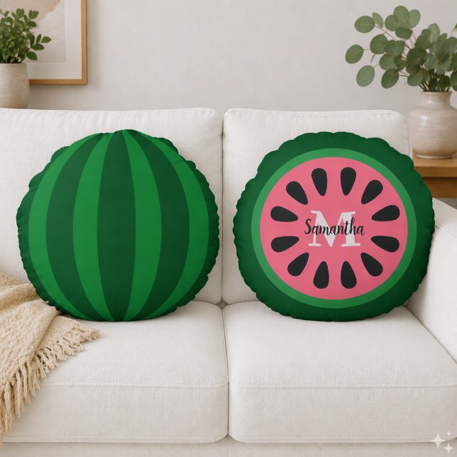 Niedlich Pink Watermelon Monogram Rundes Kissen (Von Creator hochgeladen)