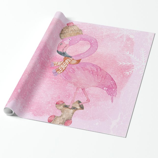 Niedlich Pink Weihnachten Winter Flamingo Bird Geschenkpapier (Ungerollt)