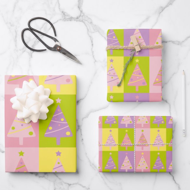 Niedlich Pink Weihnachtsbaumen Geschenkpapier Set (Vorderseite)