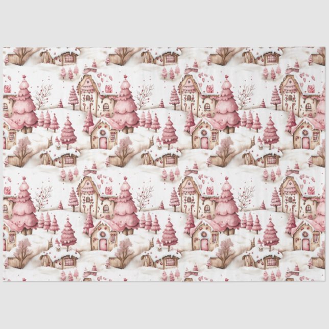 Niedlich Pink Whimsical Snowy Christmas Decoupage Seidenpapier (Vorderseite)