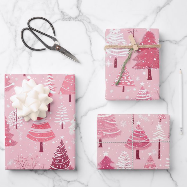 Niedlich Pink White Retro Weihnachtsbaumen Geschenkpapier Set (Vorderseite)