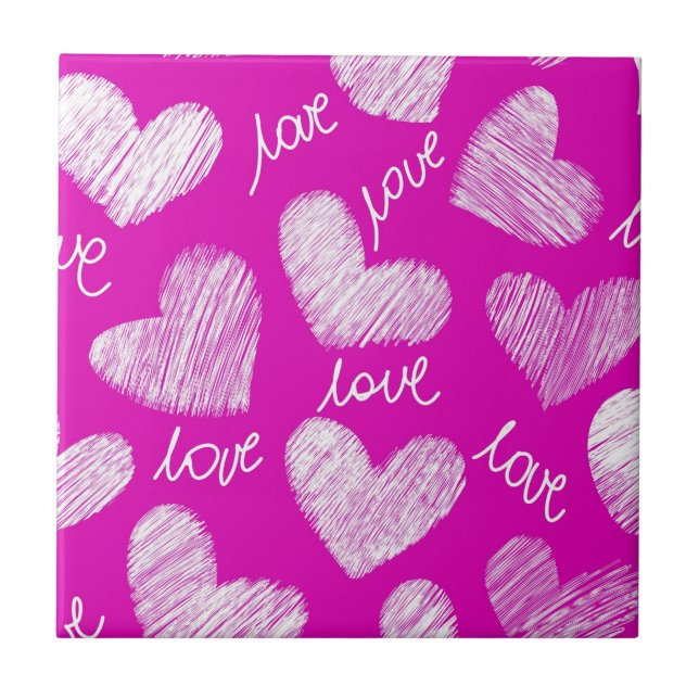Niedlich Pink White Scribbled Hearts mit Liebe Scr Fliese (Vorderseite)