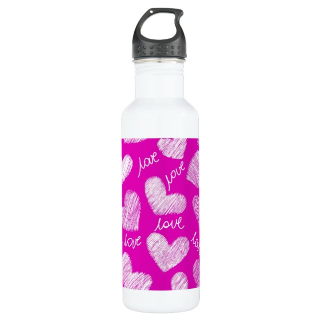 Niedlich Pink White Scribbled Hearts mit Liebe Scr Trinkflasche (Vorderseite)