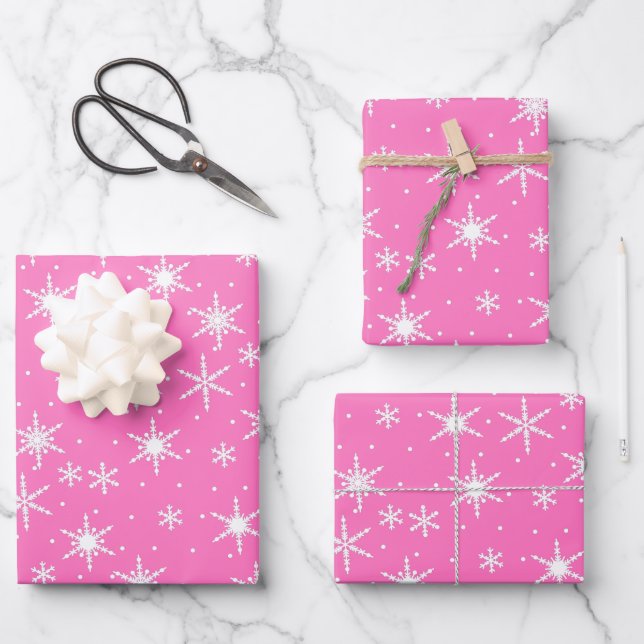 Niedlich Pink White Snowflake Muster Xmas Geschenkpapier Set (Vorderseite)