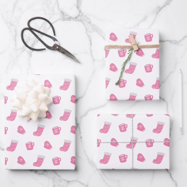 Niedlich Pink Winter Weihnachtsmuster Geschenkpapier Set (Vorderseite)
