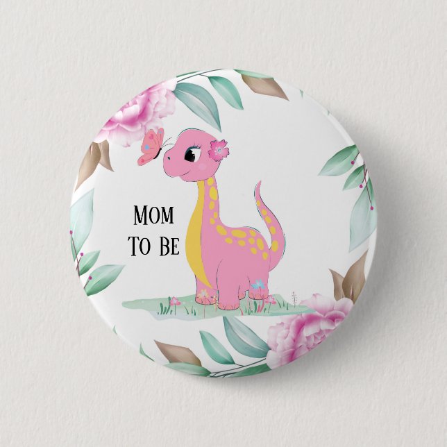 Niedlich Pink Yellow Dinosaur Butterfly Baby Dusch Button (Vorderseite)