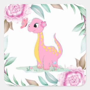 Niedlich Pink Yellow Dinosaurier Butterfly Baby Du Quadratischer Aufkleber