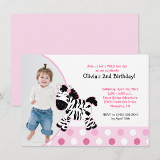 Niedlich Pink Zebra Girl Foto Geburtstag Einladung