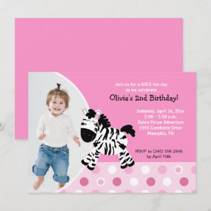 Niedlich Pink Zebra Girl Foto Geburtstag Einladung