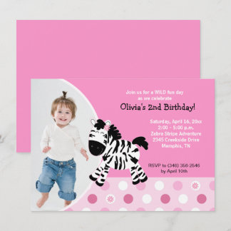 Niedlich Pink Zebra Girl Foto Geburtstag Einladung