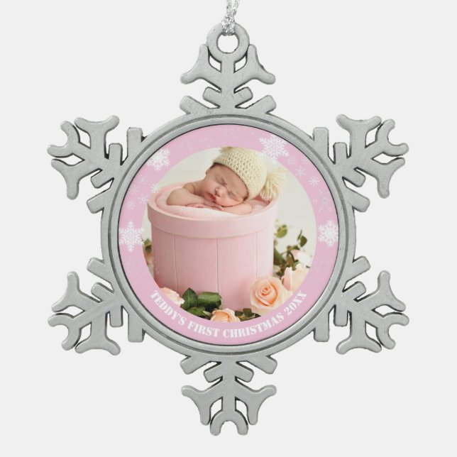Niedlich-pinkfarbene Babys Schneeflocken Zinn-Ornament (Vorderseite)