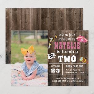 Niedlich Pirate Girl Custom Foto 2. Geburtstag Einladung