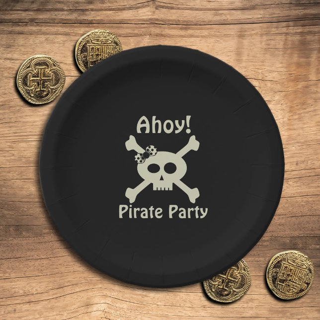 Niedlich Pirate Party Girly Skull Crossbones Black Pappteller (Ahoy! Cute pirate paper plates for your pirate party)