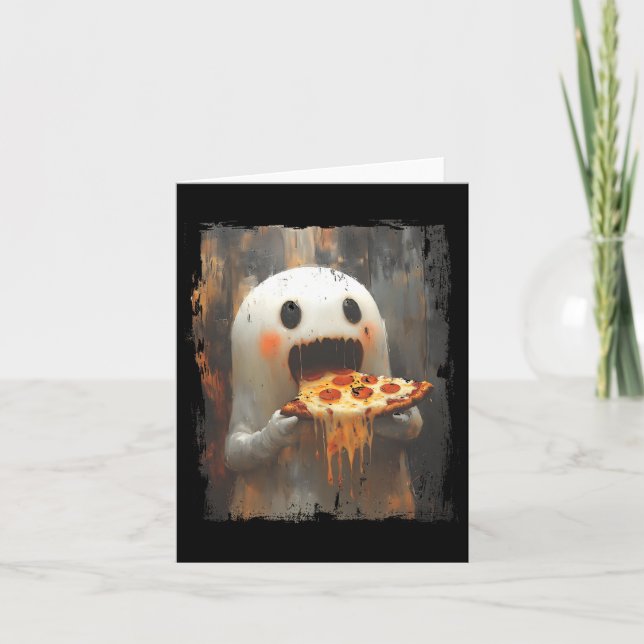 Niedlich Pizza Ghost Eating Pizza Funny Halloween  Karte (Vorderseite)