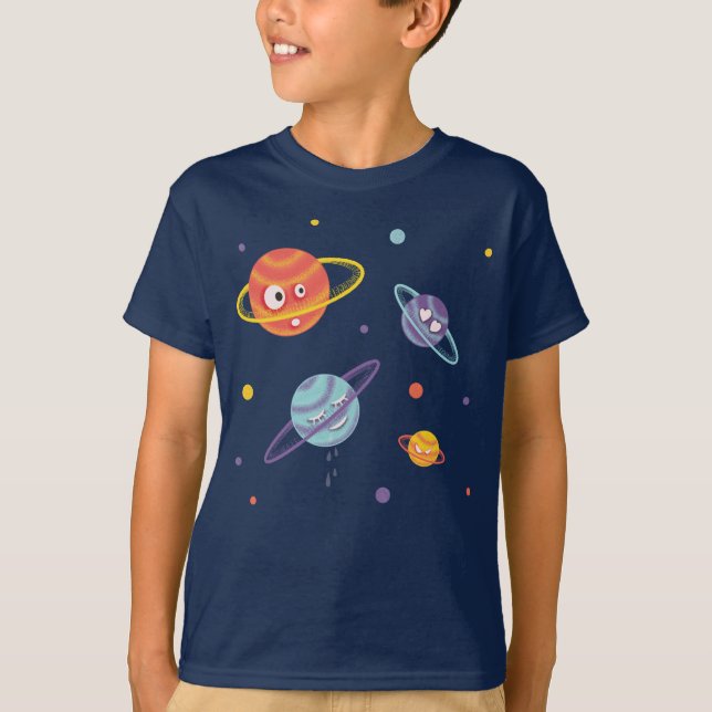 Niedlich Planeten Cartoon Weltraumkids T-Shirt (Vorderseite)