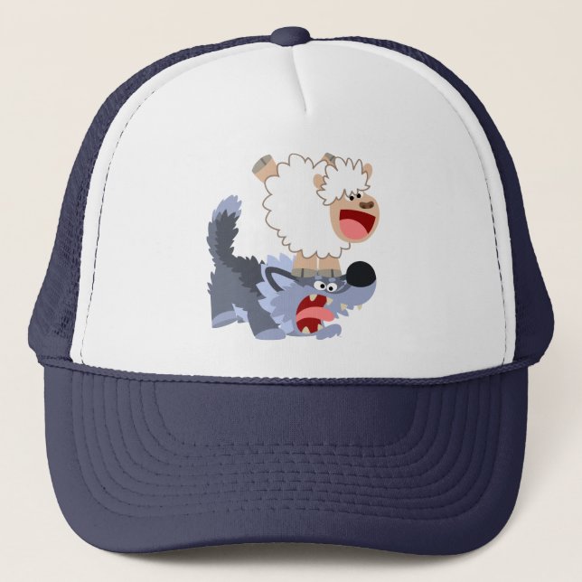 Niedlich Playful Cartoon Sheep und Wolf Hat Truckerkappe (Vorderseite)