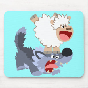 Niedlich Playful Cartoon Sheep und Wolf Mousepad