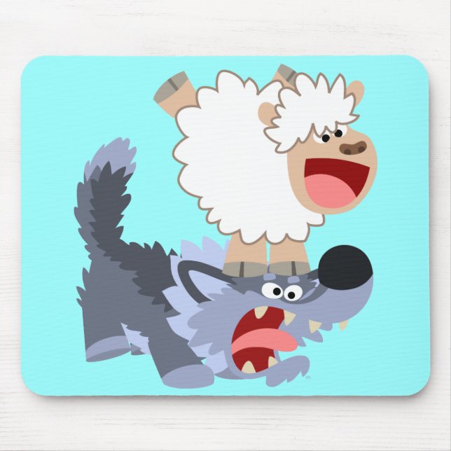 Niedlich Playful Cartoon Sheep und Wolf Mousepad (Vorne)