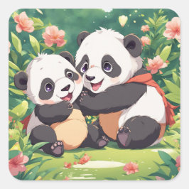 Niedlich Playful Little Pandas - Anime Style Quadratischer Aufkleber