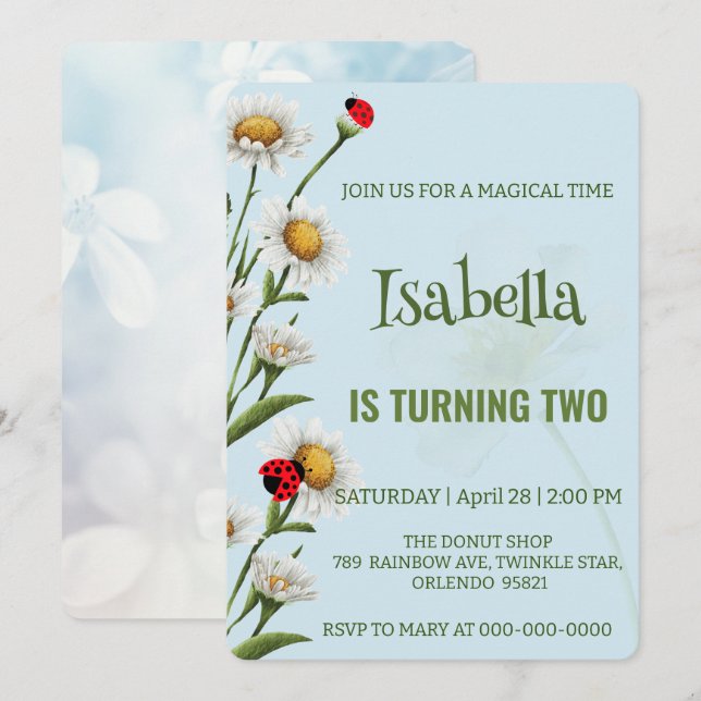 Niedlich Polka dot Ladybug Blue Daisy Kindergeburt Einladung (Vorne/Hinten)
