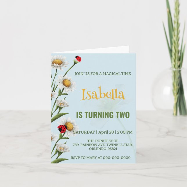 Niedlich Polka dot Ladybug Blue Daisy Kindergeburt Einladung (Vorderseite)