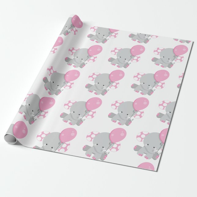 Niedlich Polka Dot Pink Elephant Girl baby Geschenkpapier (Ungerollt)