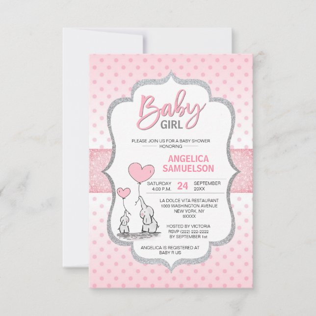 Niedlich Polka Dot Pink Gray Elephant Baby Shower  Einladung (Vorderseite)