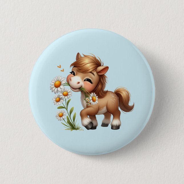 Niedlich Pony Eating Daisies Button (Vorderseite)