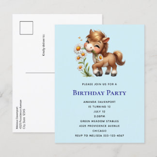 Niedlich Pony Eating Daisies Geburtstag Einladungspostkarte