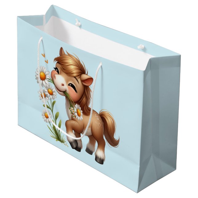 Niedlich Pony Eating Daisies Große Geschenktüte (Vorderseite Schrägansicht)