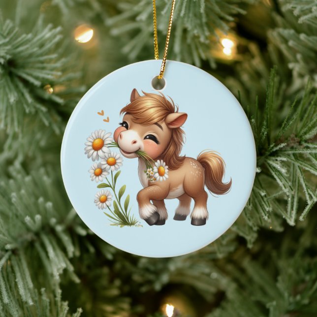 Niedlich Pony Eating Daisies Keramik Ornament (Baum)