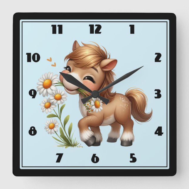 Niedlich Pony Eating Daisies Quadratische Wanduhr (Vorderseite)