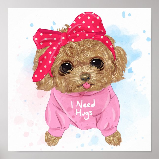 Niedlich Poodle Poster (A cartoon-style illustration features a cute, brown, fluffy puppy wearing a pink polka-dotted.)