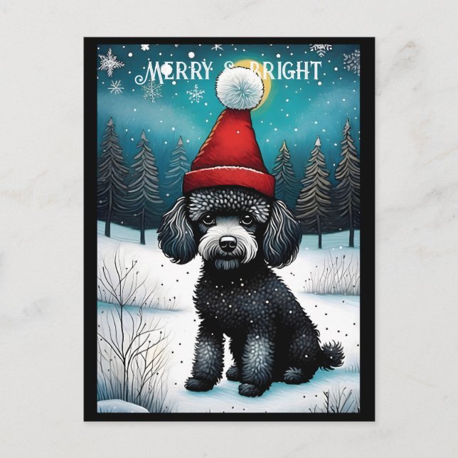 Niedlich Poodle Snowy Meadow Santa Puppy Weihnacht Postkarte (Vorderseite)