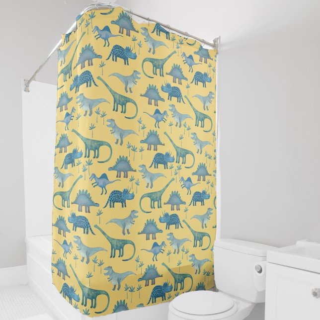 Niedlich prähistorisches Dinosaurier-Muster Gelb Duschvorhang (Fun dinosaur pattern yellow shower curtain featuring Tyrannosaur, Diplodocus, Triceratops and more.)
