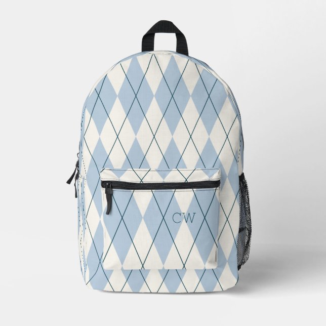 Niedlich Preppy Blue Raute Print Monogram Initials Bedruckter Rucksack (Vorderseite)