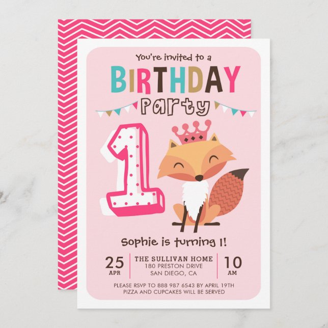Niedlich Princess Baby Fox Pink Erster Geburtstag Einladung (Vorne/Hinten)