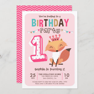 Niedlich Princess Baby Fox Pink Erster Geburtstag Einladung